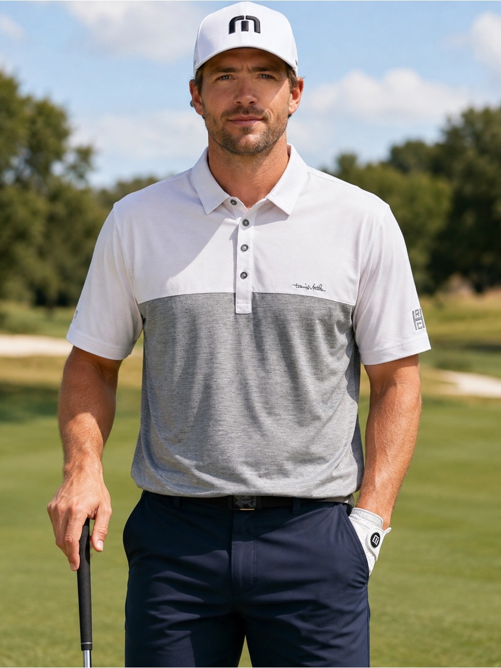 TravisMathew XL Golf Polo Gray White Colorblock Performance Stretch Shirt Mens
